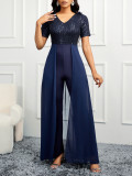 Summer Women's Clothing Short-Sleeved V-Neck Sequined Chiffon Slim Sexy Formal Party Jumpsuit