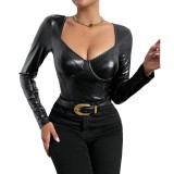 Spring Street Style Pu Leather Solid Color Long-Sleeved Square Collar Slim Fit Bodysuit