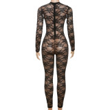 Women's Spring Summer Style Street Sexy See-Through Round Neck Long Sleeve Lace Tight Fitting Jumpsuit