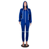 Autumn Spring Women's Knee Ripped Zipper Hooded Two-Piece Pants Set