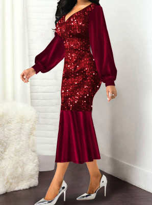 Spring Autumn Velvet Sequin V-Neck Slim Fit Mermaid Formal Party Evening Dress