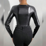 Spring Street Style Pu Leather Solid Color Long-Sleeved Square Collar Slim Fit Bodysuit