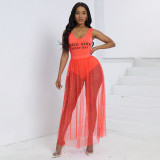 Women Summer Sexy Bodysuit Beaded See-Through Mesh Beach Skirt Two-piece Set