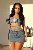 Women Adjustable Buckle Stretch Casual Denim Two-piece Set