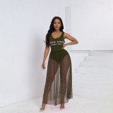 Women Summer Sexy Bodysuit Beaded See-Through Mesh Beach Skirt Two-piece Set