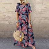 Plus Size Women Summer Short Sleeve Printed Maxi Dress