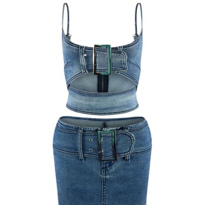 Women Adjustable Buckle Stretch Casual Denim Two-piece Set