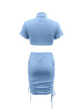 Women French Round Neck Short Sleeve Crop Top and Bodycon Skirt Two Piece Set