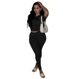 Women Sexy Solid Short Sleeve Top and Pant Two-piece Set