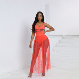 Women Summer Sexy Bodysuit Beaded See-Through Mesh Beach Skirt Two-piece Set