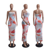 Summer Women's Sexy Printed Strapless Chic Tight Fitting Printed Long Dress