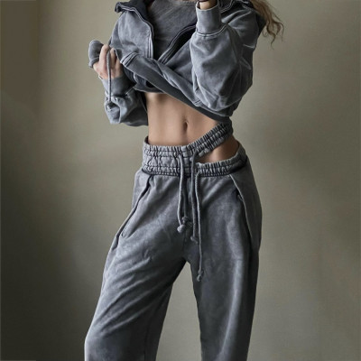 Women's Solid Zipper Hoodies Low-Rise Straight Loose Sports Pants Two Piece Set