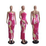 Summer Women's Sexy Printed Strapless Chic Tight Fitting Printed Long Dress