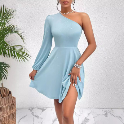 Summer Women's Solid Color One Shoulder Slim Waist A-Line Dress