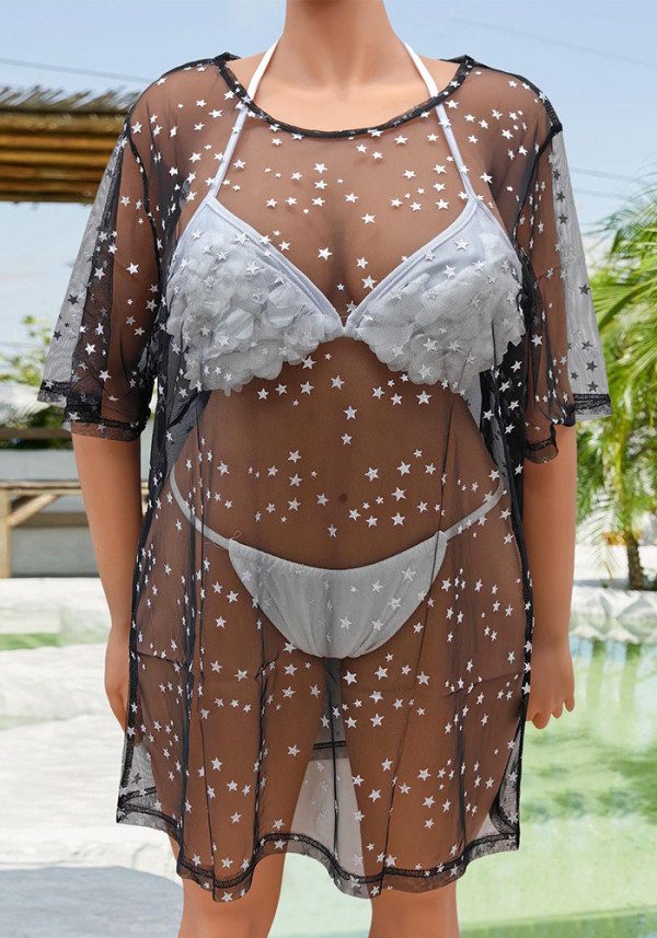 Sexy Shiny Star See-Through Mesh Beach Cover-Up Plus Size Women's Dress