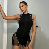 Women's Spring Summer Round Neck Zipper Sleeveless See-Through Mesh Patchwork Sexy Tight Fitting Jumpsuit