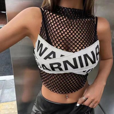 Women Summer Mesh Ripped Hollow Letter Contrast Color Top