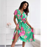 Women Summer V Neck Lace-up Printed Short-Sleeved Dress