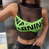 Women Summer Mesh Ripped Hollow Letter Contrast Color Top