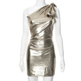 Women Sexy Bow One Shoulder Metallic Dress