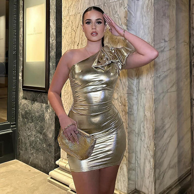 Women Sexy Bow One Shoulder Metallic Dress