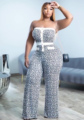 Plus Size Women Fake Button Strapless Print Jumpsuit