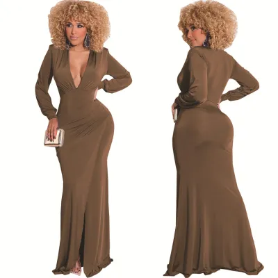 Women Sexy Solid V Neck Dress