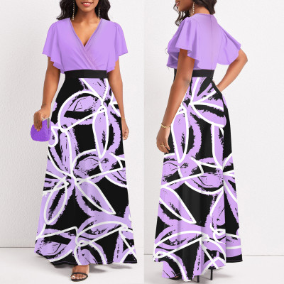 Plus Size Women V Neck Three-quarter Sleeve Vintage Print Maxi Dress