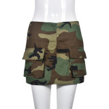Women Summer Contrast Color Zipper Pocket Camouflage Skirt