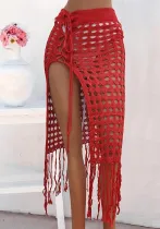 Women Sexy Hollow Lace Up Tassel Slit Beach Skirt