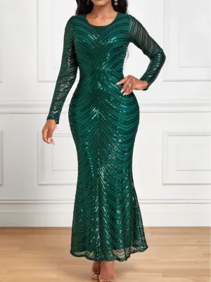 Women Sequin Elegant Formal Party Long Sleeve Evening Dress