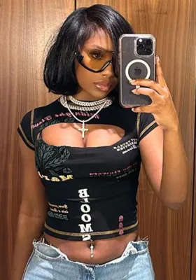 Women Sexy Round Neck Letter Printed Hollow Short Sleeve T-Shirt