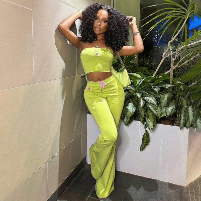 Women embroidered Strapless Top and high-waisted Casual trousers two-piece set