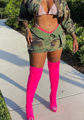 Women Summer Contrast Color Zipper Pocket Camouflage Skirt
