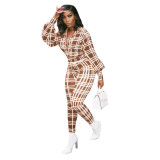 Fashionable Spring Turndown Collar Slim Puff Sleeve Women's Plaid Print Jumpsuit