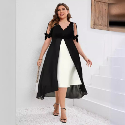 Spring And Summer Plus Size Women's V-Neck Patchwork Fake Two-Piece Irregular Half-Sleeve Dress