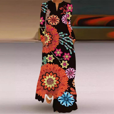 Spring Printed V-Neck Retro Floral Loose Long-Sleeved Long Dress