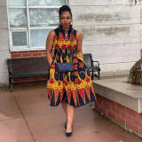 Sexy Printed Turndown Collar Sleeveless Slim Waist African Dress