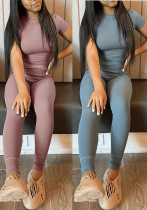 Spring Women's Tight Fitting Casual Sports Patchwork Ribbed Short Sleeve Two Piece Pants Set