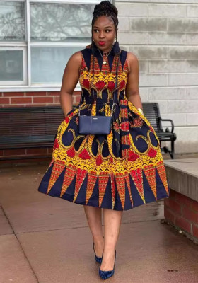 Sexy Printed Turndown Collar Sleeveless Slim Waist African Dress