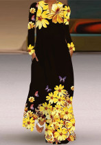 Spring Printed V-Neck Retro Floral Loose Long-Sleeved Long Dress