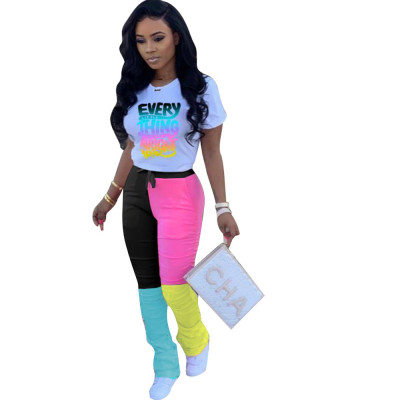 Women printed short-sleeved T-shirt and color-blocked trousers sports two-piece set
