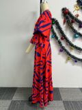 Women Print Slash Shoulder Balloon Sleeve Lace Maxi Dress
