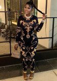 Women Spring Summer Printed Long Sleeve Bodycon Jumpsuit