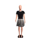 Women Round Neck knitting Print short-sleeved Top and pleated Skirt two-piece set