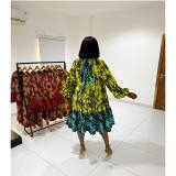 Women Printed Lace-Up Balloon Sleeves Loose Large Hem Round Neck Dress