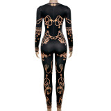 Women Spring Summer Printed Long Sleeve Bodycon Jumpsuit