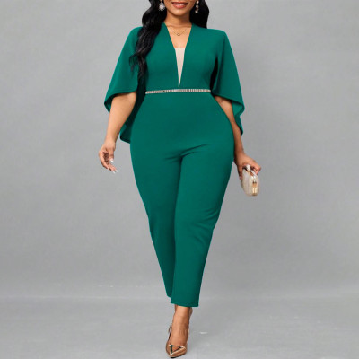 Plus Size Women Sexy Solid Bat Cape Sleeve V Neck Jumpsuit