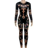 Women Spring Summer Printed Long Sleeve Bodycon Jumpsuit