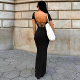 Women Spring Summer Sexy Backless Strappy Short Sleeve Dress